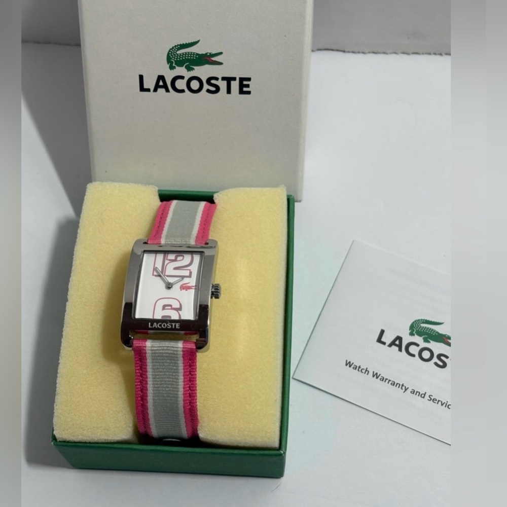 Ladies Lacoste Watch Pink/Beige/White Grosgrain Strap